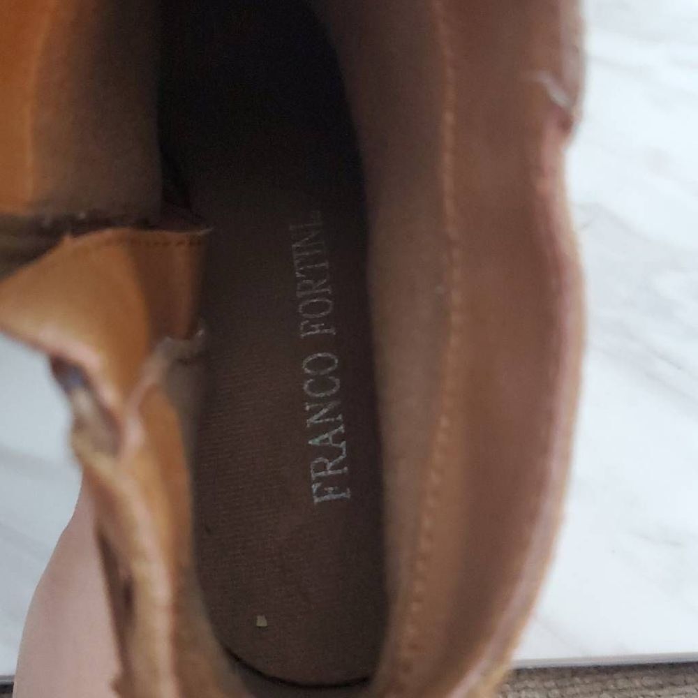 Franco Fortini Carly Tan Suede Braid Lace Back Wooden Block Heel Ankle Booties S - Picture 8 of 8